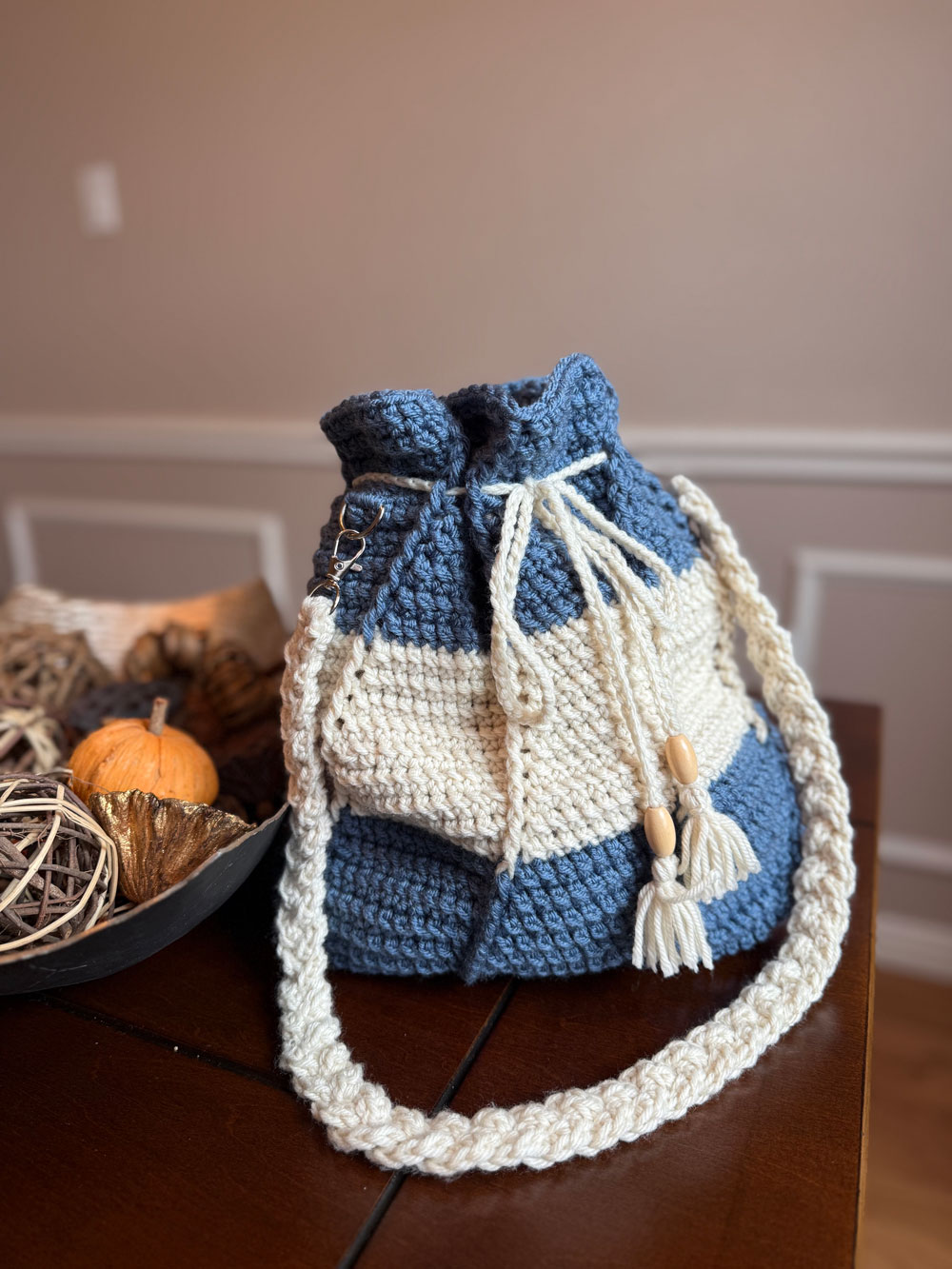 Beige & Blue Crochet Bucket Purse